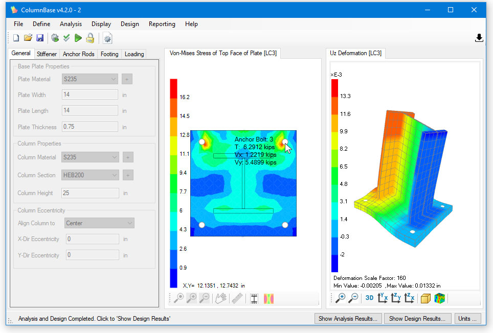 base plate design software, columnbase, sample results, anchor bolt forces