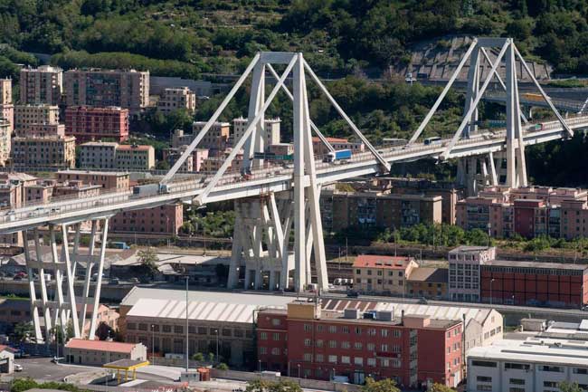 Image taken August 14 showing collapse of a portion of the Polcevera viaduct in Genoa, Italy.